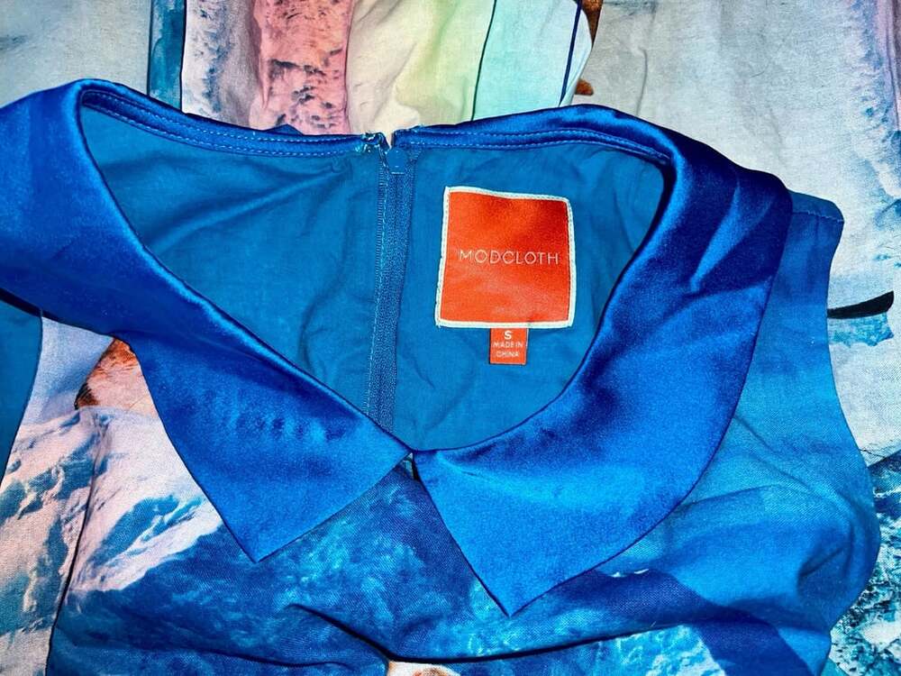 ModCloth Skiing Cat Print Dress Size S Blue Mountain Peter Pan Collar